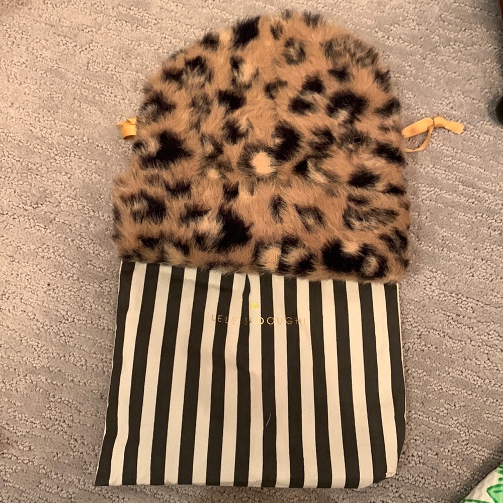 NWT Lele Sadoughi Leopard Print Faux Angora Knit Beanie w/ Dust Bag